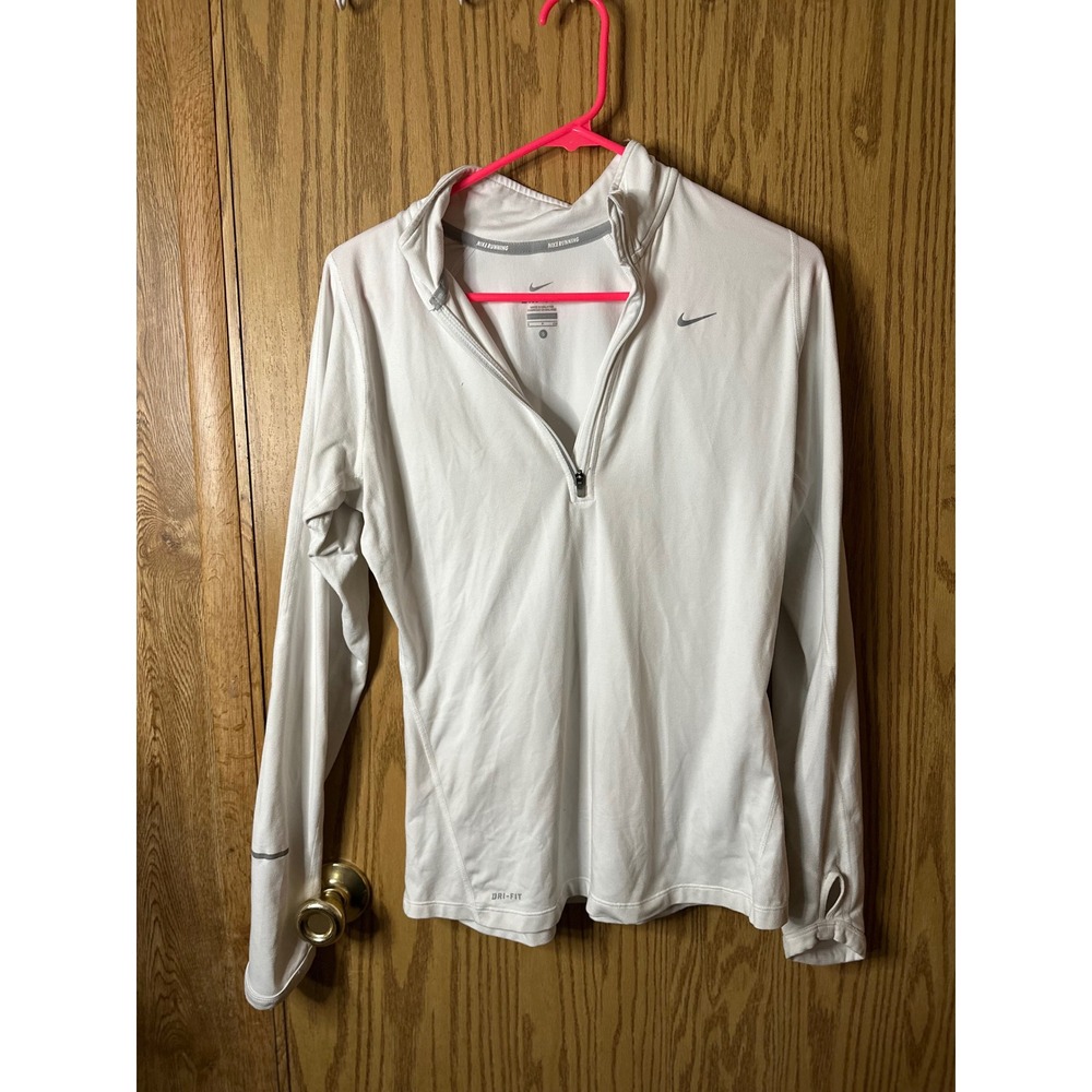 Nike Womens Dri-FIT Running Quarter Zip Pullover White Thumbholes Small